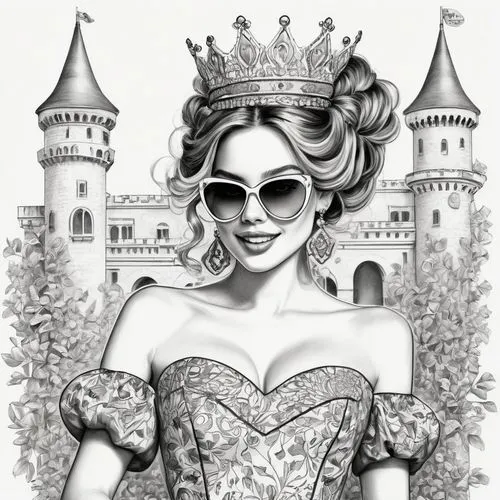 coloring page,noblewoman,queen of hearts,prinzessin,prinses,princess crown,Illustration,Black and White,Black and White 30