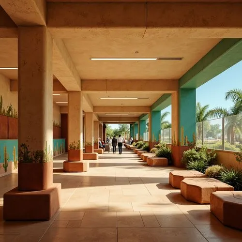 Vibrant metro station, desert-inspired architecture, sandy beige walls, turquoise accents, warm terracotta floors, earthy brown columns, sun-bleached wooden benches, cactus-motif murals, abstract geom