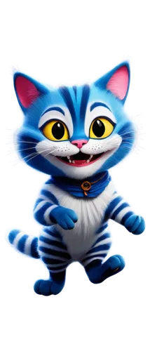 Mischievous Cheshire Cat, white face, bright smile, glowing eyes, striped fur, floating in mid-air, wispy cloud background, soft focus, warm lighting, 3/4 composition, cinematic tone, cartoonish style