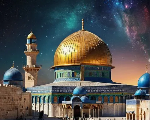 Ancient Palestinian architecture, Dome of the Rock, Islamic geometric patterns, intricate stone carvings, golden domes, ornate minarets, Arabic calligraphy, vibrant tile work, arches and columns, intr