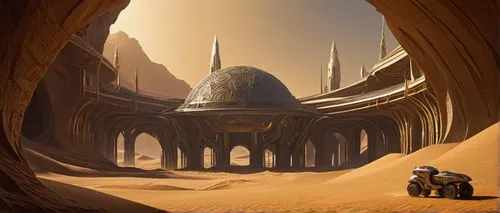 Futuristic, sci-fi, desert planet, Arrakis, massive, grandiose, intricately detailed, stone-like architecture, sandy dunes, stillsuits, ornate bridges, curved structures, alien-inspired design, metall