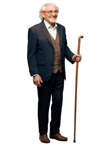 Old man, cartoon style, solo, (70yo), white hair, bushy eyebrows, glasses, wrinkles, smiling face, holding wooden cane, brown suit, white shirt, black vest, formal shoes, standing, relaxed pose, warm 