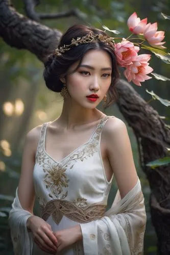 vietnamese woman,oriental princess,beautiful girl with flowers,vintage asian,hanbok,flower fairy,jasmine blossom,bridal clothing,junshan yinzhen,asian woman,apricot blossom,bridal dress,girl in flowers,oriental girl,asian costume,mystical portrait of a girl,japanese woman,faerie,wild roses,girl in a wreath,Art,Classical Oil Painting,Classical Oil Painting 19