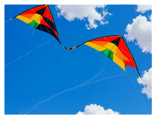 Kite, flying high, blue sky, white clouds, strong wind, dynamic pose, strings unwinding, tail flowing, vibrant colors, detailed fabric texture, morning sunlight, panoramic view, 3/4 composition, shall