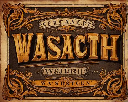 Western-style serif font, Wasatch-inspired, bold, italic, distressed, vintage, rusty, metallic, worn-out, old-fashioned, decorative, curvy lines, ornate details, 3D-like texture, golden color, worn-ou