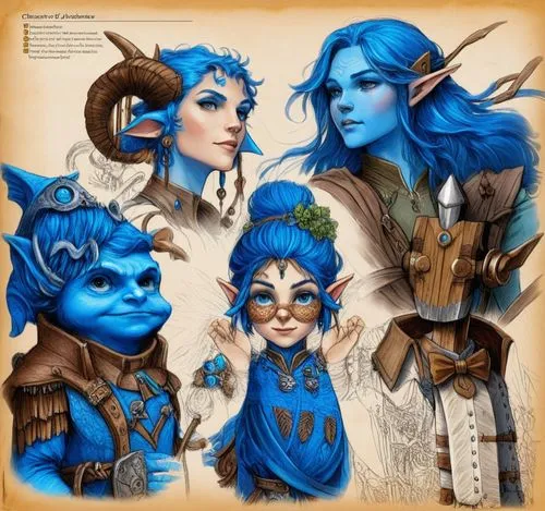 D&D party of adventurers with  a blue-firbolg and a halfling, wooden-automaton



,A party of adventurers,blue enchantress,furies,bleues,golias,kharar,set of cosmetics icons,Unique,Design,Character De