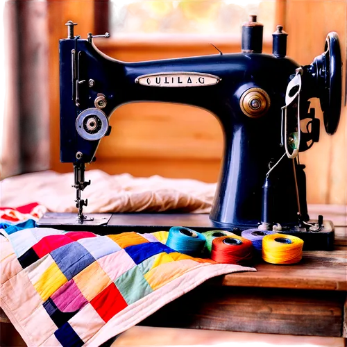 quilting, vintage sewing machine, old fabric scraps, colorful threads, wooden table, natural light, soft focus, warm color tone, shallow depth of field, 3/4 composition, morning atmosphere, gentle tex