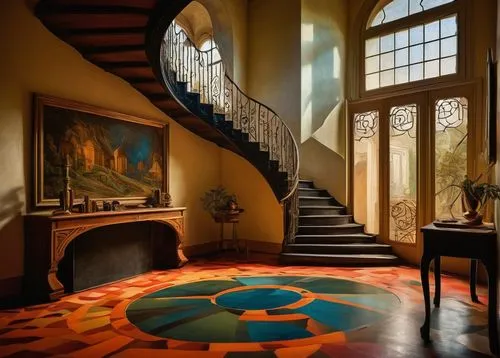 foyer,staircase,entrance hall,outside staircase,hallway,circular staircase,staircases,winding staircase,entryway,interior decor,art deco,cochere,stairway,downstairs,upstairs,hallway space,victorian room,interior design,stairwell,driehaus,Illustration,Paper based,Paper Based 23