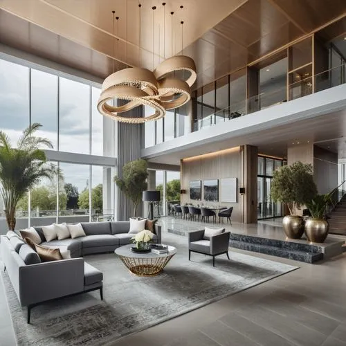 modern, minimalist, and luxurious lobby in a high-rise building. The focal point is a curved, grey sectional sofa that dominates the floor space. The sofa is comprised of several individual pieces ass