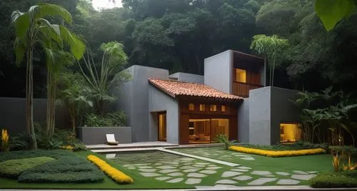 EL EXTERIOR DE UNA CASA CON ESTILO MEXCANO MODERNO, USO DE COLORES VIBRANTES, MATERIALES REFIONALES, TEJA, VIGAS DE MADERA, EN UN AMBIENTE EXUBERANTE, ESTANQUE DE AGUA AL FRENTE.,an outdoor house surr