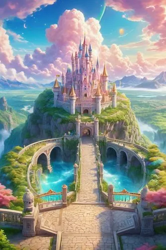 fairy tale castle,water castle,fantasy world,fairy world,fantasia,fairytale castle,fantasy city,disney castle,vinpearl land,3d fantasy,dream world,shanghai disney,knight's castle,sleeping beauty castle,aqua studio,fantasy landscape,studio ghibli,fairy village,atlantis,cartoon video game background,Illustration,Japanese style,Japanese Style 01