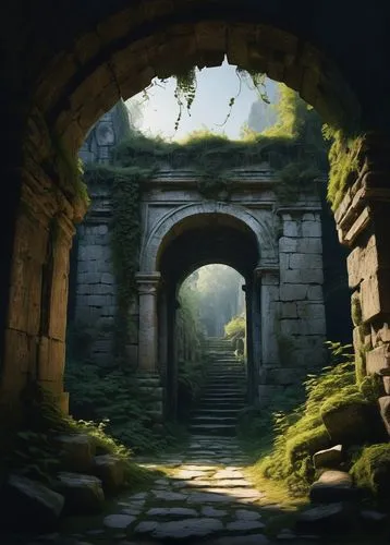 Ancient cyclopean ruins, massive stone blocks, rough-hewn limestone walls, crumbling arches, overgrown with vines and moss, mysterious entrance gates, torches flickering in the wind, dramatic low-angl