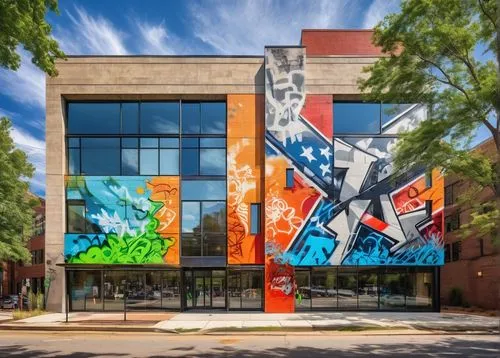 Modern architectural building, Raleigh NC, urban landscape, sunny day, blue sky, few white clouds, intricate stone walls, large glass windows, steel beams, minimalist design, green roof, rooftop garde