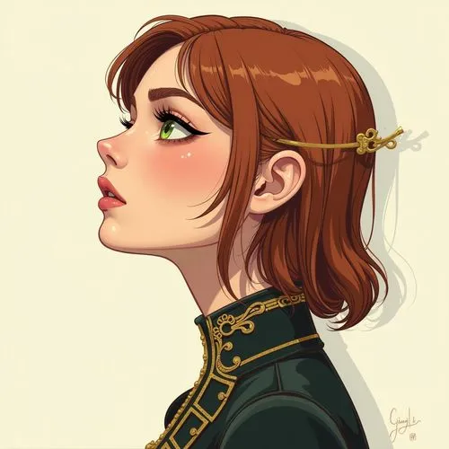 The image is a stylized digital illustration of a female character in profile view. The character has sharp, clean lines defining her features, with a notable absence of intricate detailing, consisten