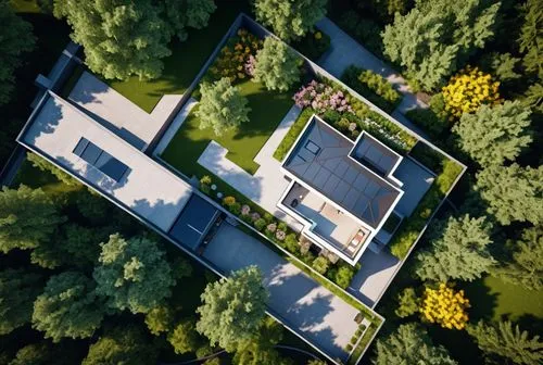 house in the forest,roof landscape,forest house,drone image,view from above,bird's-eye view,Photography,General,Realistic