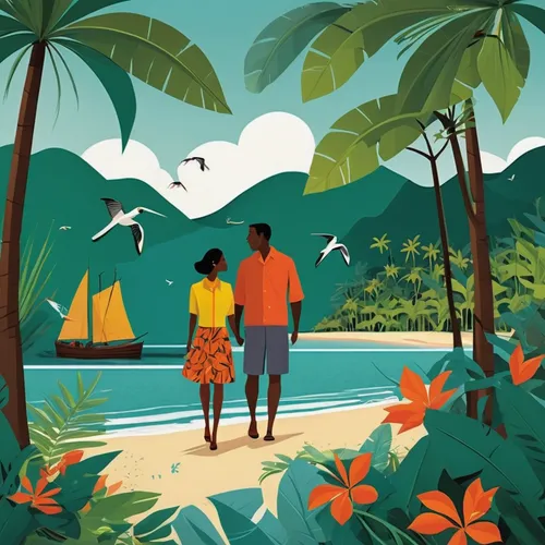 Create a heartwarming romance story that takes place on a tropical island.,mayotte,martinique,jamaica,travel poster,haiti,barbados,seychelles,zanzibar,dominica,south pacific,polynesia,roatan,caribbean