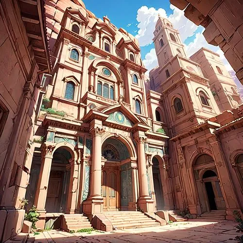 beautiful buildings,riad,brownstone,medieval architecture,3d fantasy,petra,ancient buildings,terracotta,terracotta tiles,pink city,architecture,ancient city,3d rendered,courtyard,grand master's palace,jewelry（architecture）,classical architecture,3d render,emirates palace hotel,3d rendering,Anime,Anime,Traditional