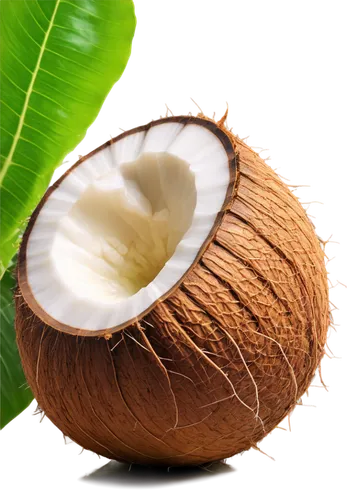 Brown coconut, solo, whole fruit, green leafy top, thick brown shell, white coconut meat, detailed texture, round shape, morning dew, soft sunlight, 3/4 composition, shallow depth of field, warm color