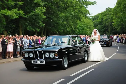 Describe a luxurious wedding procession where a BMW leads the way.,wedding car,bridal car,just married,wedding photography,walking down the aisle,wedding icons,wedding photo,silver wedding,wedding pho