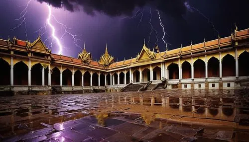 Dark storm clouds swirl overhead, unleashing a torrent of rain. Lightning illuminates a gaping hole in the once-grand palace wall, debris scattered across the courtyard.,buddhist temple complex thaila