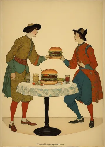 Write a funny dialogue between two friends arguing about the perfect burger recipe.,kate greenaway,hamburger plate,hands holding plate,woman holding pie,hamburgers,competitive eating,viennese cuisine,