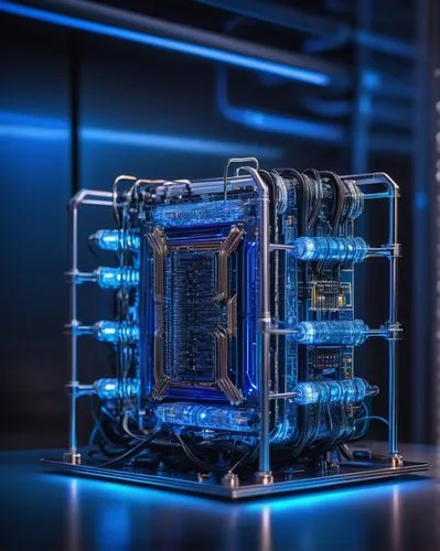 Futuristic quantum computer, sleek metallic body, glowing blue circuits, intricate wire patterns, compact motherboard, cryogenic cooling system, vacuum tube, superconducting materials, futuristic labo