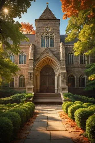 Vanderbilt University, Collegiate Gothic style, Kirkland Hall, iconic clock tower, stone walls with ivy, stained glass windows, grand entrance with heavy wooden doors, intricate carvings, ornate facad