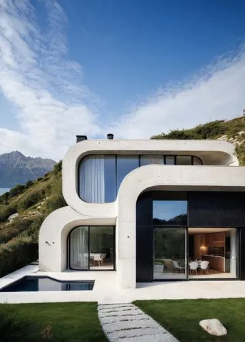 a modern, futuristic house with organic, curvilinear design. flowing structure with smooth, rounded edges, and a combination of black and white exterior surfaces. The white areas should appear glossy 