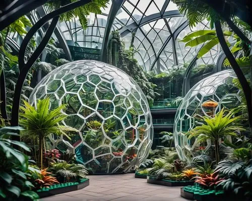 Amazon Spheres, Lego-style, futuristic architecture, intricate details, vibrant colors, transparent glass domes, curved lines, geometric shapes, lush greenery, exotic plants, misty atmosphere, soft na