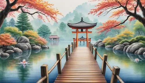 landscape background,oriental painting,japan landscape,japanese art,watercolor background,autumn landscape,wooden bridge,japanese background,art painting,japanese garden,nantou,autumn scenery,autumn background,world digital painting,river landscape,fantasy landscape,japan garden,background design,japanese shrine,japon,Conceptual Art,Daily,Daily 17