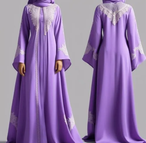 ،3d drawing for Muslim hejab with silky style with dark purple with white lace ,two women are dressed in different styles of clothing,abayas,abaya,kurung,veil purple,burqas,hijaber,Photography,General