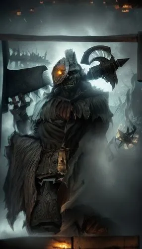 smoke background,vigil,goki,game illustration,bronze horseman,death god,warlord,sledge,dwarf sundheim,raven rook,valhalla,father frost,fantasy picture,the storm of the invasion,ghost background,undead warlock,halloween poster,mercenary,game art,dane axe