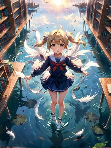 chihiro,underwater background,tsumugi kotobuki k-on,michiru,floating over lake,book wallpaper,Anime,Anime,Realistic