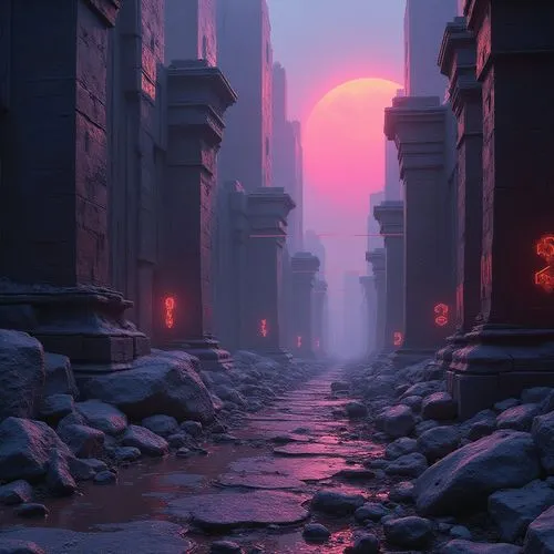 
"Cyberpunk Archaeology: Design a scene where ancient ruins from a lost civilization are discovered in a neon-drenched, cyberpunk cityscape. The ruins should be intricately detailed with futuristic el