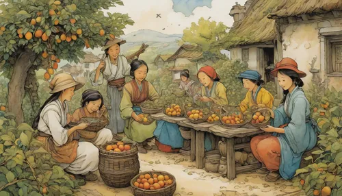 fruit market,grape harvest,harvest festival,cart of apples,apple harvest,basket of apples,farm workers,gourds,basket of fruit,persimmons,pilgrims,european gooseberries,girl picking apples,basket with apples,wine harvest,picking vegetables in early spring,gooseberries,permaculture,vegetable market,fruit stand,Illustration,Paper based,Paper Based 29