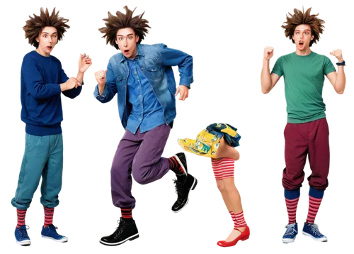 Comical cartoon-style character, funny body proportions, exaggerated facial expressions, colorful skin tones, ridiculous hairstyles, oversized shoes, baggy pants, striped socks, dynamic posing, jumpin