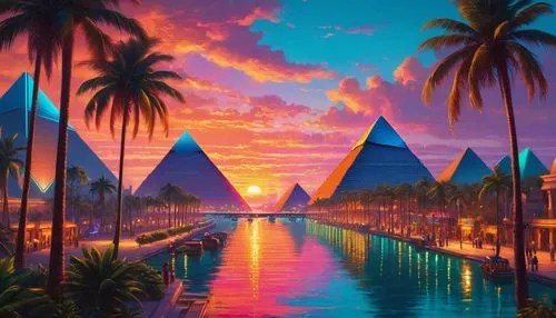 futuristic landscape,polynesia,pyramids,polyneices,tropical island,diamond lagoon,tahiti,fantasy landscape,palmtrees,lagoon,bora bora,world digital painting,tropics,sailboats,landscape background,tropical house,kanaloa,paradisus,palm trees,oasis,Conceptual Art,Sci-Fi,Sci-Fi 26