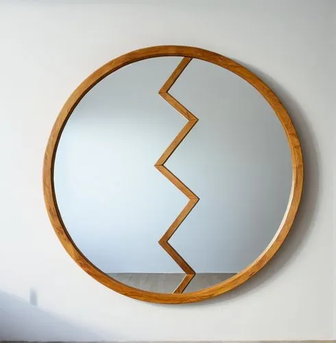 A mirror frame made of wood against a white background ,a circular mirror with a broken section on the inside,circle shape frame,wood mirror,embroidery hoop,ethereum symbol,wall clock,wooden plate,Pho