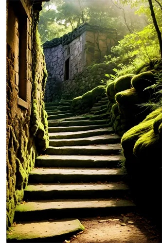 Ancient ramp, stone structure, rugged surface, moss growing, worn steps, weathered edges, mystical atmosphere, warm golden light, dramatic shadows, low-angle shot, cinematic composition, high contrast