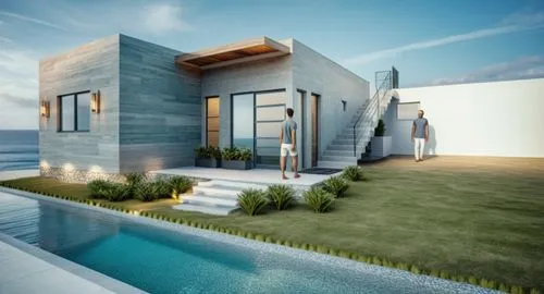 QUE SEA IGUAL QUE LA REFERENCIA SOLO AGREGAR LOS ELEMENTOS DEL MODELO MANTENER AREAS VERDES 
,a modern house next to an ocean with two people in the pool,modern house,3d rendering,modern architecture,