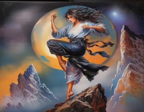 celebration of witches,fantasy art,shamanism,sorceress,blue moon,the spirit of the mountains,fantasy picture,mountain spirit,full moon day,shamanic,oil painting on canvas,halloween poster,violinist vi