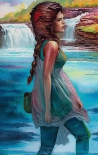 girl on the river,aerith,mermaid background,girl walking away,girl with a dolphin,water nymph,Illustration,Realistic Fantasy,Realistic Fantasy 25