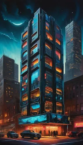 apartment block,cybertown,apartment building,skyscraper,sky apartment,polara,the skyscraper,highrises,metropolis,high rises,edificio,electrohome,cybercity,kimmelman,cyberpunk,apartment blocks,apartments,synth,an apartment,coldharbour,Illustration,Realistic Fantasy,Realistic Fantasy 34