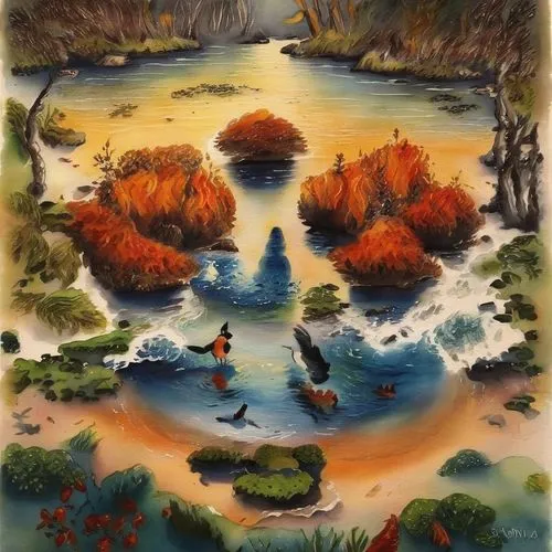 koi pond,khokhloma painting,vajrasattva,shakyamuni,mantra om,qi gong,water lotus,bodhisattva,autumn landscape,oriental painting,chinese art,lotus pond,theravada buddhism,autumn idyll,vipassana,buddhis