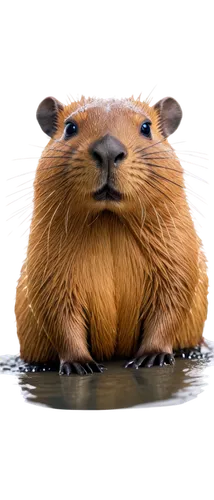 Capybara, rodent, semi-aquatic, cute face, whiskers, shiny eyes, wet fur, webbed feet, swimming pose, water droplets on fur, transparent background, soft focus, shallow depth of field, warm color tone