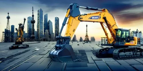 Excavator, dusk, sunset,way,a couple of machines that are sitting on the ground,two-way excavator,kobelco,excavators,construction machine,excavator,jcb