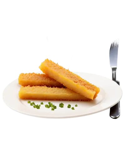 Golden fish stick, crispy texture, savory smell, mouth-watering, solo, white plate, fork and knife, steam rising, close-up shot, shallow depth of field, warm lighting, appetizing composition.,cotolett