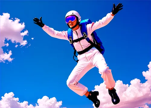 Young adult, athletic build, skydiver, helmet, goggles, jumpsuit, oxygen tank, backpack, arms outstretched, legs bent, freefall pose, blue sky, white clouds, sunlight casting shadows, 3/4 composition,