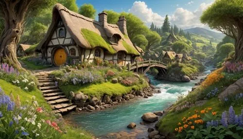 fairy village,fantasy landscape,hobbiton,alpine village,fantasy picture,home landscape,idyllic,fairy house,water mill,aurora village,fantasy art,druid grove,fairy world,mountain settlement,mountain village,knight village,summer cottage,fairy tale,a fairy tale,children's fairy tale