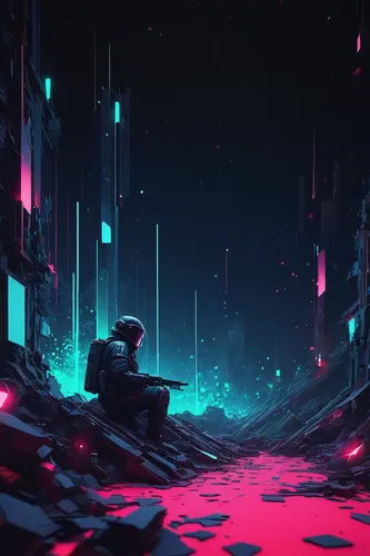 futuristic landscape,cyberpunk,cyberspace,scifi,cyber,barren,nightscape,virtual landscape,mineral,ruin,virtual,exploration,echo,drift,fallen colorful,anaglyph,descent,vapor,neon ghosts,falling stars,Conceptual Art,Fantasy,Fantasy 10